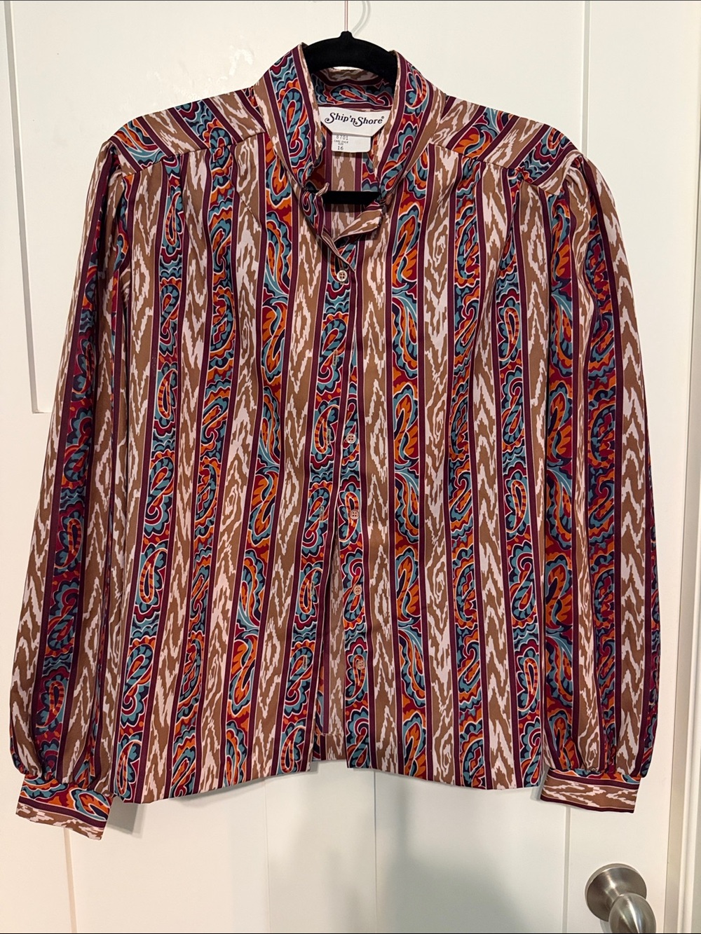 Ship 'n Shore Brown Multi-Stripe Paisley Button-Up Blouse Vintage